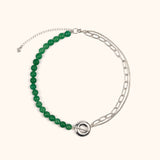 The Heaven and Earth necklace is a modern Chinese necklace with aventurine beads, silver mixed chain, and donut toggle clasp. It is a versatile modern Asian jewelry piece with a jade aesthetic that can be worn as a necklace or two bracelets.