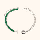 The Heaven and Earth necklace is a modern Chinese necklace with aventurine beads, silver mixed chain, and donut toggle clasp. It is a versatile modern Asian jewelry piece with a jade aesthetic that can be worn as a necklace or two bracelets.