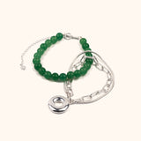 The Heaven and Earth necklace is a modern Chinese necklace with aventurine beads, silver mixed chain, and donut toggle clasp. It is a versatile modern Asian jewelry piece with a jade aesthetic that can be worn as a necklace or two bracelets.