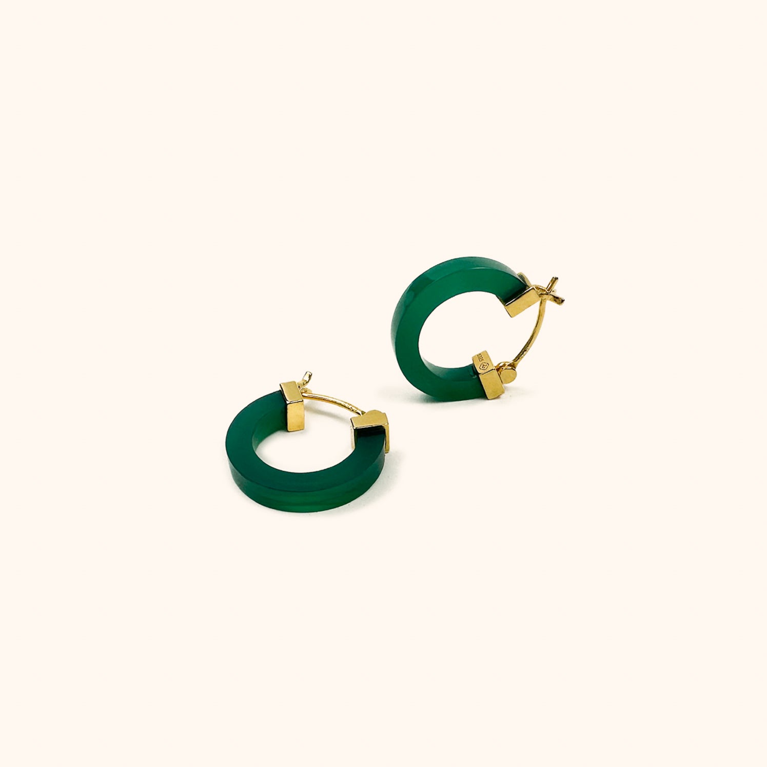 Modern Chinese jade aesthetic hoops with square cut green agate stone and choice of silver or gold clasps.
