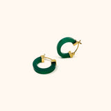Modern Chinese jade aesthetic hoops with square cut green agate stone and choice of silver or gold clasps.