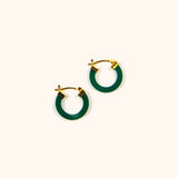 Modern Chinese jade aesthetic hoops with square cut green agate stone and choice of silver or gold clasps.