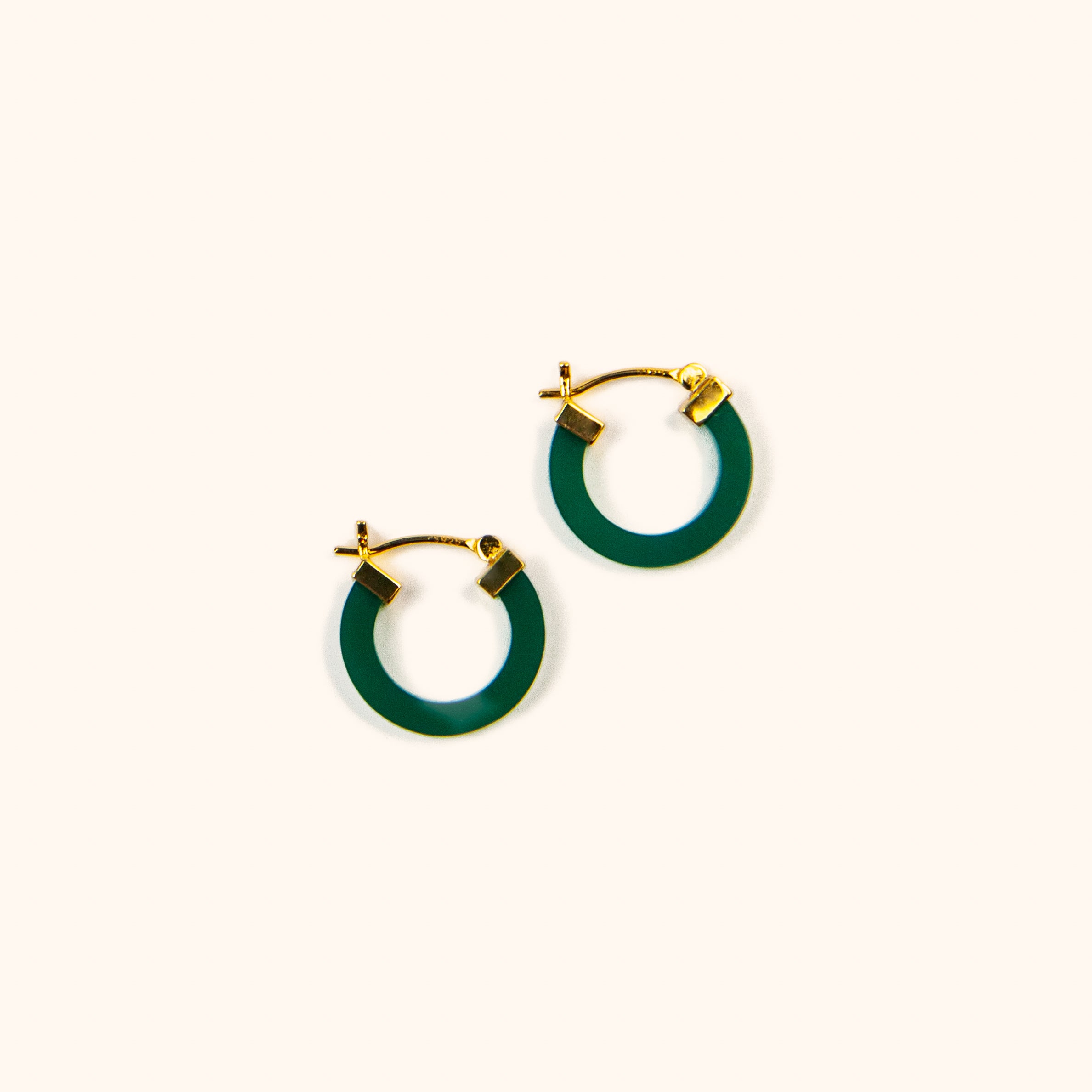 Modern Chinese jade aesthetic hoops with square cut green agate stone and choice of silver or gold clasps.