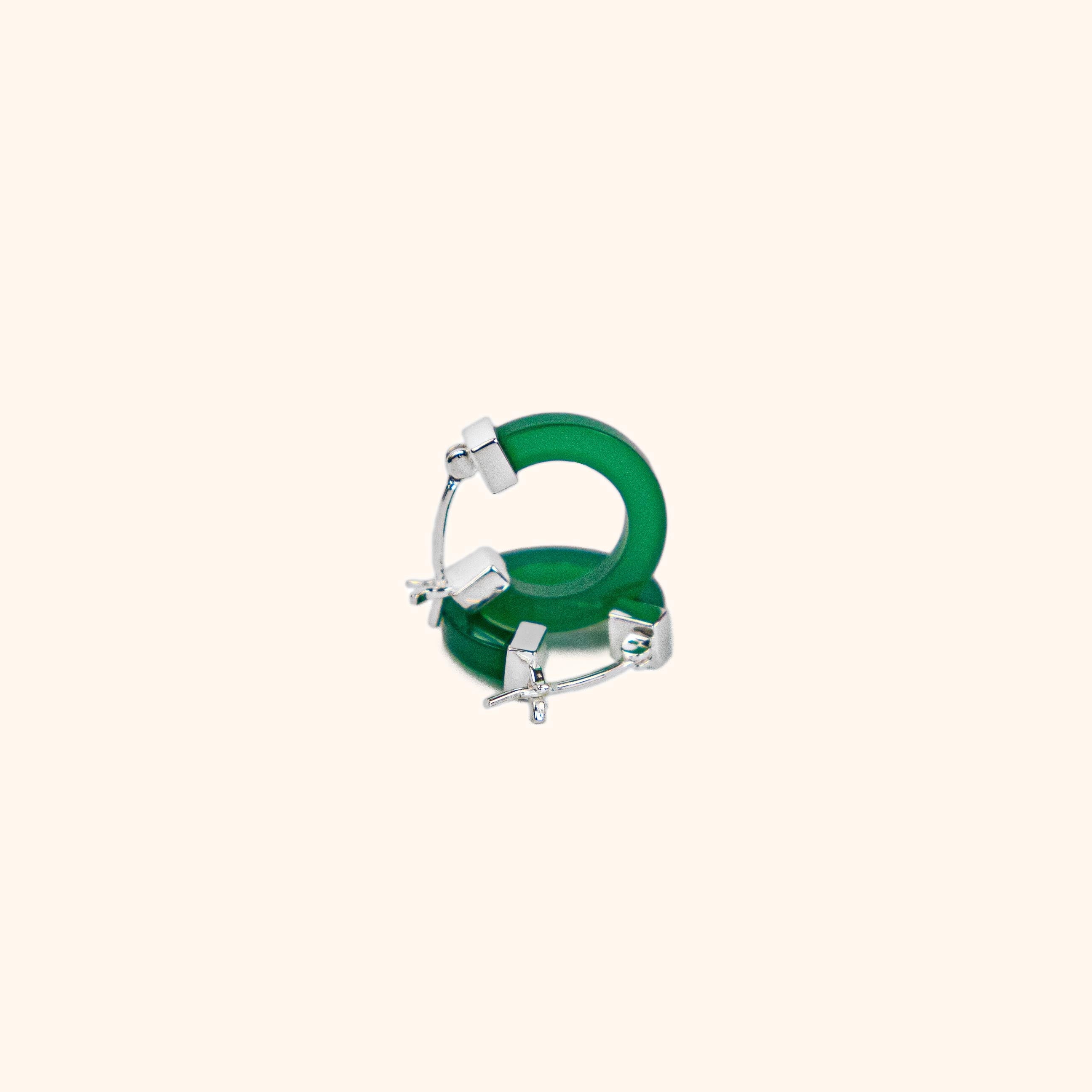 Modern Chinese jade aesthetic hoops with square cut green agate stone and choice of silver or gold clasps.
