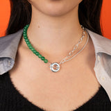 The Heaven and Earth necklace is a modern Chinese necklace with aventurine beads, silver mixed chain, and donut toggle clasp. It is a versatile modern Asian jewelry piece with a jade aesthetic that can be worn as a necklace or two bracelets.