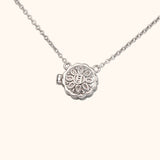 Mini Mooncake Locket in sterling silver. The locket has an intricate mooncake pattern with Chinese character for moon on the front.