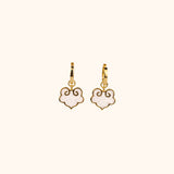 Ruyi earrings with ruyi shaped charms outlined in gold and filled with pearlescent white enamel.
