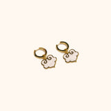 Ruyi earrings with ruyi shaped charms outlined in gold and filled with pearlescent white enamel.