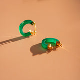 Modern Chinese jade aesthetic hoops with square cut green agate stone and choice of silver or gold clasps.
