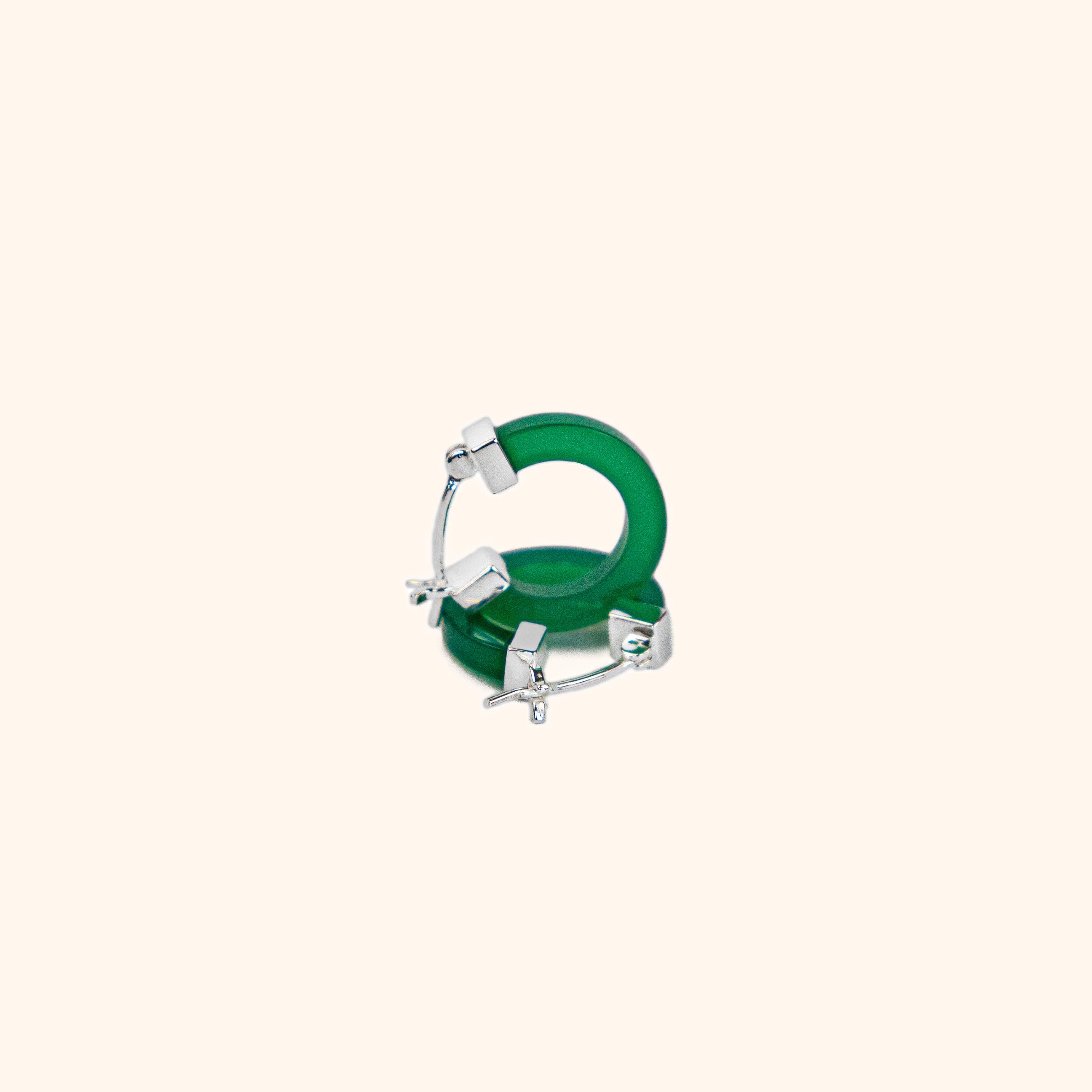 Modern Chinese jade aesthetic hoops with square cut green agate stone and choice of silver or gold clasps. 