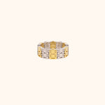 A two-tone, modern Chinese-inspired ring made of the Chinese happiness character, set on a white background.